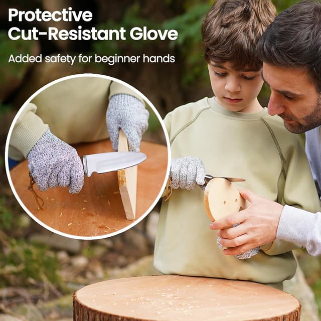 Detalle de Kibbidea Schnitzmesser für Kinder (ab 8 Jahren) – Edelstahl, sicheres Taschenmesser-Set mit Lindenholz & Zubehör