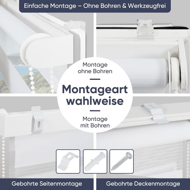 Detalle de Sekey Doppelrollo Klemmfix für Fenster (ohne Bohren) – 50 cm breit, Duo-Rollo Jalousie Sonnenschutz, Weiß