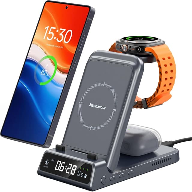 Detalle de SwanScout 703S caricatore wireless 3 in 1 per Samsung (S26 Ultra/S26+/S25 e Galaxy Watch 8/7/6/5/4 e Galaxy Buds) senza adattatore