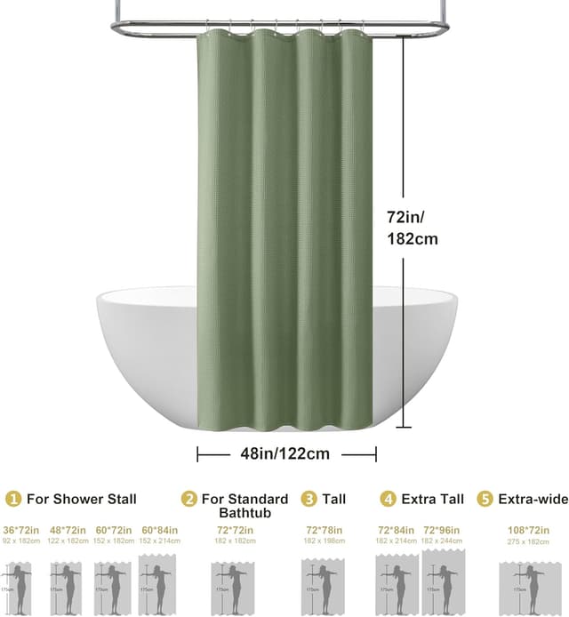 Detalle de Rideau de douche VANZAVANZU motif gaufre imperméable anti-moisissures 122 x 182 cm (vert) avec anneaux métalliques