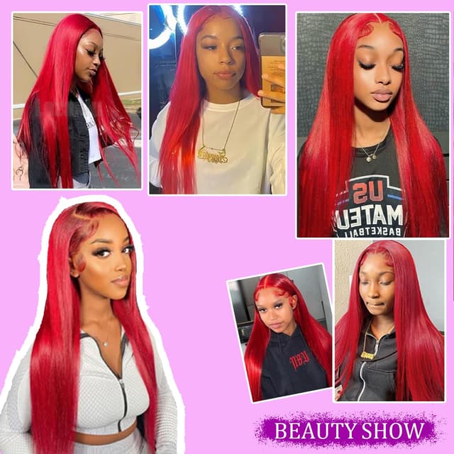 Detalle 2 de Red Burgundy Straight Lace Front Wig (13x4) | 100% Unprocessed Human Hair, Glueless Wear-and-Go
