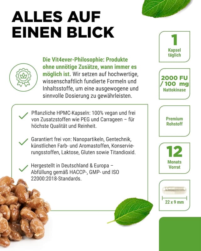 Detalle 2 de Vit4ever Nattokinase – 365 Kapseln à 100 mg (20.000 UF/g), vegan, ohne Gentechnik