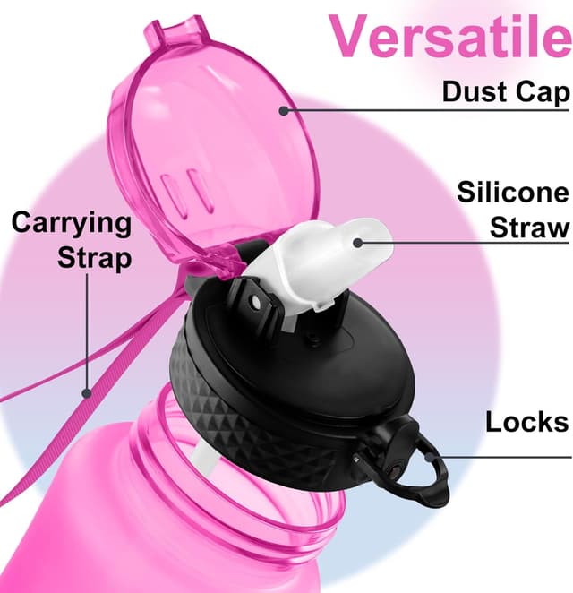 Detalle de GOPPUS 350ml/12oz Kids Straw Water Bottle with Flip Top Lid, Strap & Time Marking (BPA-free, Rose Blue)