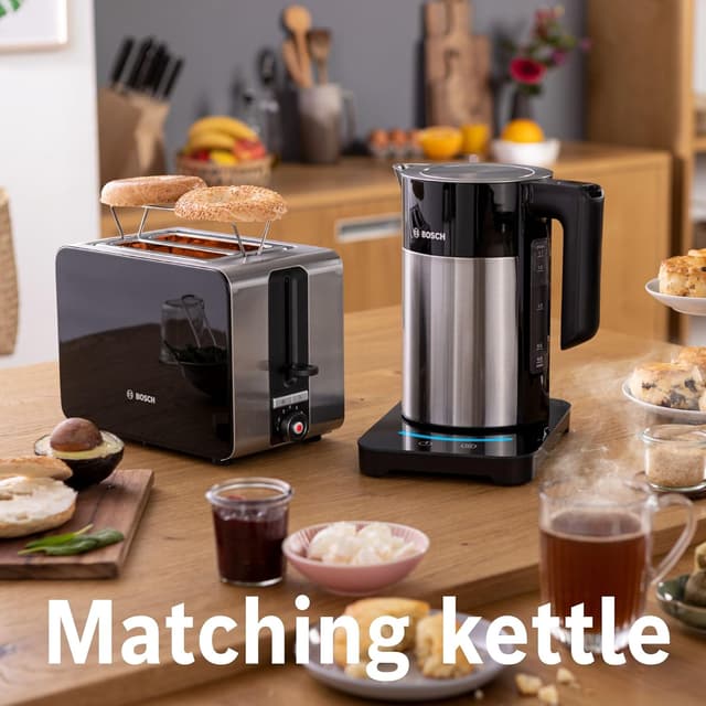 Detalle de Bosch Sky Compact TAT7203GB 2-Slot stainless steel toaster with 7 browning levels, defrost and bun warmer (Black)