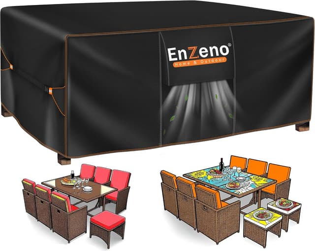 Detalle de Housse Enzeno pour salon de jardin extérieur avec évent en tissu Oxford 420D – 180x120x74 cm