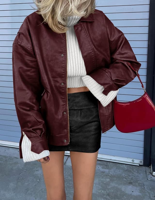 Detalle de PRETTYGARDEN Women’s Faux Leather Motorcycle Jacket – Oversized Zip-Up Winter Coat Outerwear