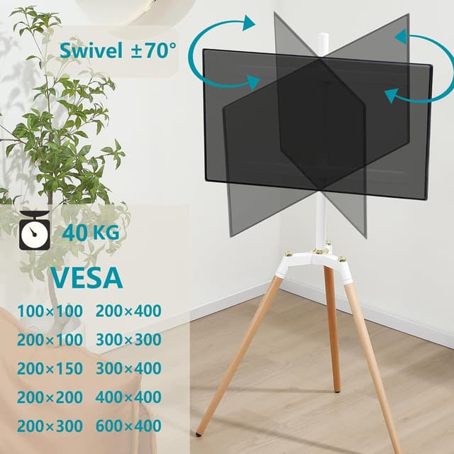 Detalle de ETHU Tripod Easel TV Stand for 32–65 inch TVs with Height Adjustable Swivel & Beech Wood Legs (VESA 400x400, up to 40kg)