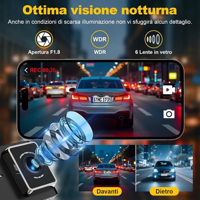Detalle de Dashcam auto anteriore e posteriore 4K/2.5K con Wi‑Fi 5GHz e GPS, IPS 2,0” e GPS