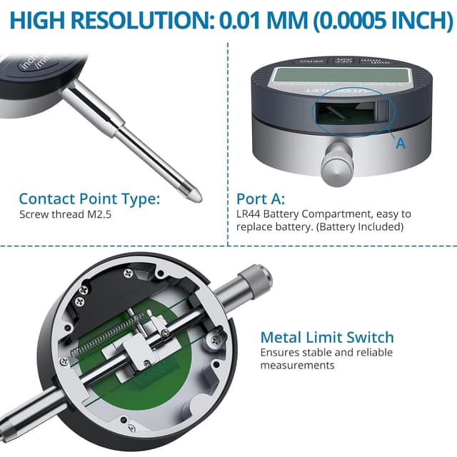 Detalle de Electronic Digital Dial Indicator Gage with 132lbs Magnetic Base, 0-1 Inch (25.4mm) | Switchable Metric/Imperial