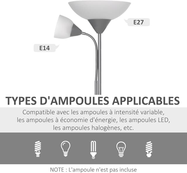 Detalle 2 de HOMCOM Lampadaire sur pied argent et blanc avec 2 têtes E27/E14
