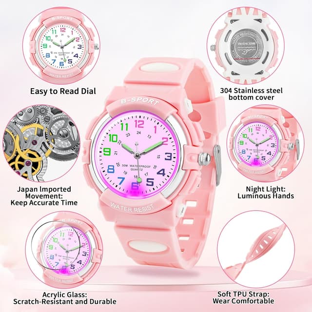 Detalle 2 de DTKID Analoge Kinderuhr mit Licht – Jungen & Mädchen, gut lesbares Zifferblatt, 50 m wasserdicht (ab 5–16 Jahren)