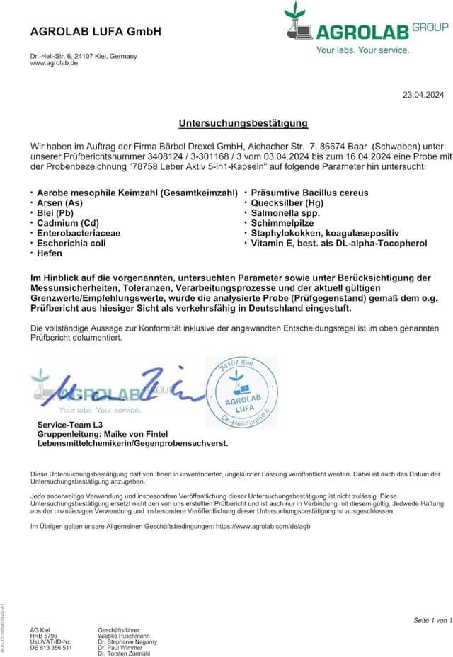 Detalle de BÄRBEL DREXEL Leber Aktiv 5-in-1 Kapseln (60 Stück) mit Cholin, Mariendistel, Löwenzahn, Artischocke, Piperin, Zink, Selen & Vitamin E