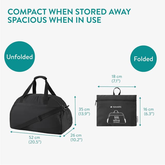 Detalle de Navaris Travel Bag Weekend Foldable Holdall (55L) – Cabin & Underseat Travel Duffle in Black