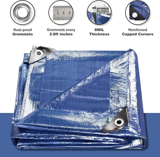 Detalle 2 de Waterproof Tarps 8x10 Feet (2-Pack) Heavy-Duty Blue Tarp Cover with 8 Mil Thickness and Metal Grommets