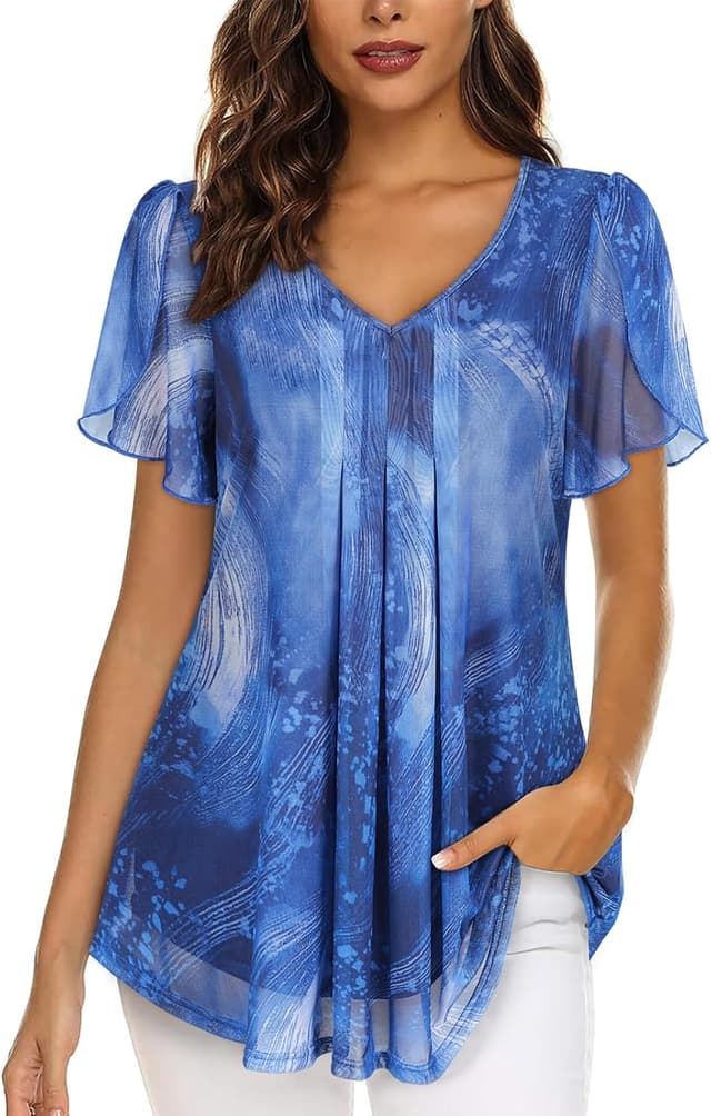 Detalle de ACDAY V-neck ruffle short sleeve chiffon-style blouse with double-layer mesh tunic design for women