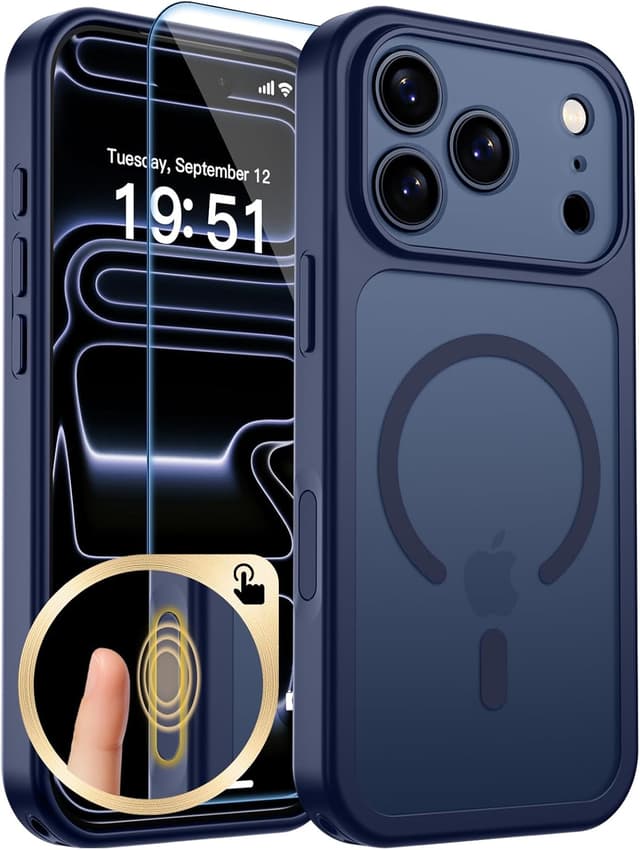 Detalle de zapica Magnetic iPhone 17 Pro Max Case (Deep Blue) with Camera Protection & Tempered Glass Screen Protector