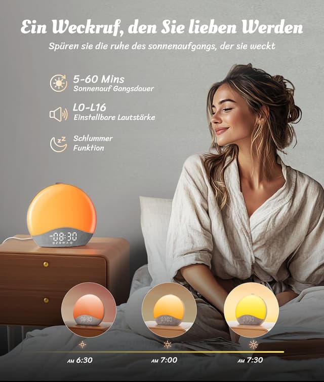 Detalle 2 de ecozy Tageslichtwecker (Lichtwecker) mit Bluetooth-Synchronisierung, Sonnenaufgang & -untergang sowie 17 Nachtlichtfarben