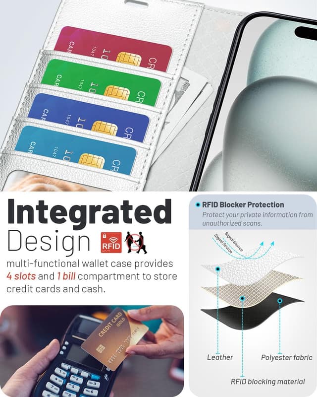 Detalle de OCASE Hülle für iPhone 17 Pro Max 5G mit Kartenfach, Magnet & RFID-Blocker (Leder, Silber)