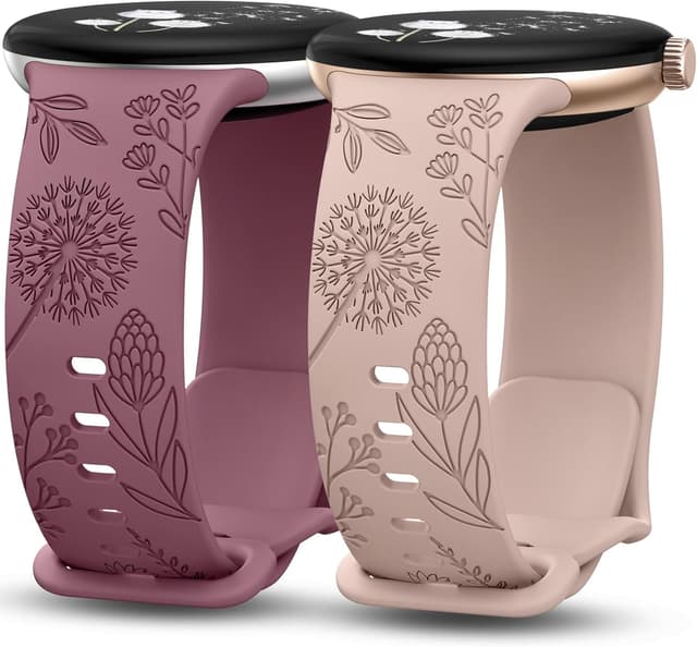 Detalle de TOYOUTHS 2-Pack Floral Engraved Strap for Google Pixel Watch (41mm) – Soft Silicone Sport Loop Bands