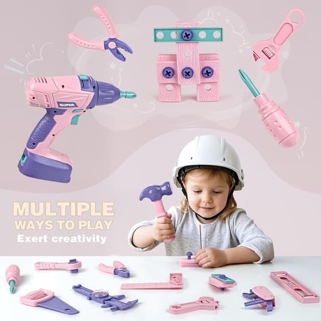 Detalle de Vanplay Kids Tool Set 52-piece pretend play tools kit with drill belt & toolbox (pink)