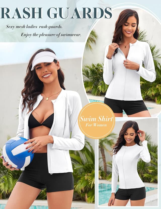 Detalle de Haut de maillot de bain femme Tuopuda à manches longues anti-UV UPF 50+ (rashguard) à fermeture éclair