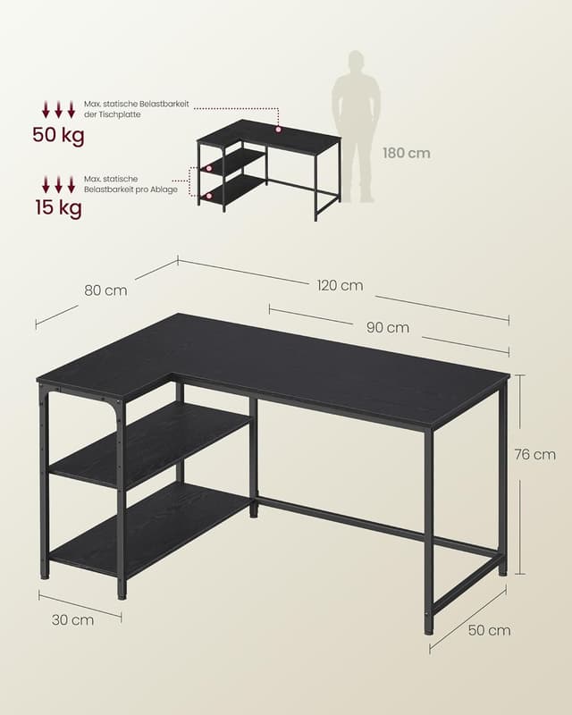Detalle de VASAGLE LWD136BE01 Eckschreibtisch in L-Form (120 x 80 cm) mit Stauraum und höhenverstellbarer Ablage
