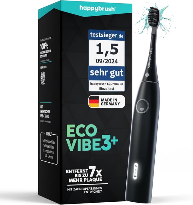 Detalle de happybrush® Schallzahnbürste Eco Vibe 3+ – elektrische Ultraschall-/Sonic-Zahnbürste mit 8-Wochen-Akku, 3 Modi & 2 Jahren Garantie (Black)