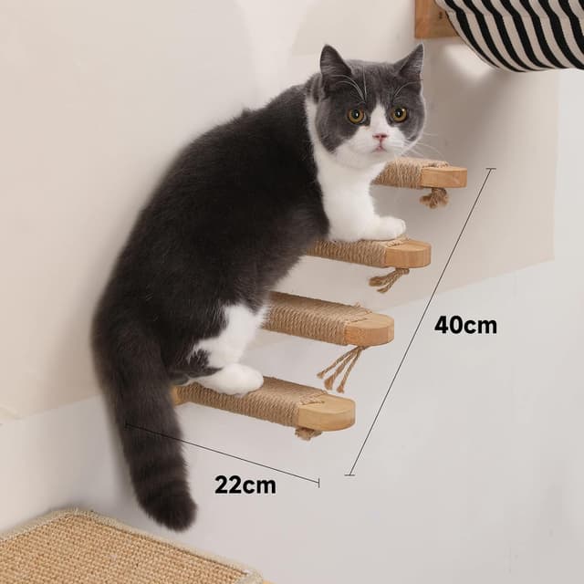 Detalle de FUKUMARU Kletterwand für Katzen – Katzentreppe aus massivem Gummiholz, mit Juteseil (40 cm)