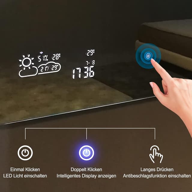 Detalle de Byecold specchio da bagno 100 x 60 cm senza cornice con LED, sensore touch e display meteo