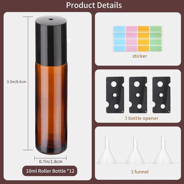Detalle 2 de Hyber&Cara 10ml Glass Roll-On Bottles (12 pack) with Stainless Steel Roller Balls