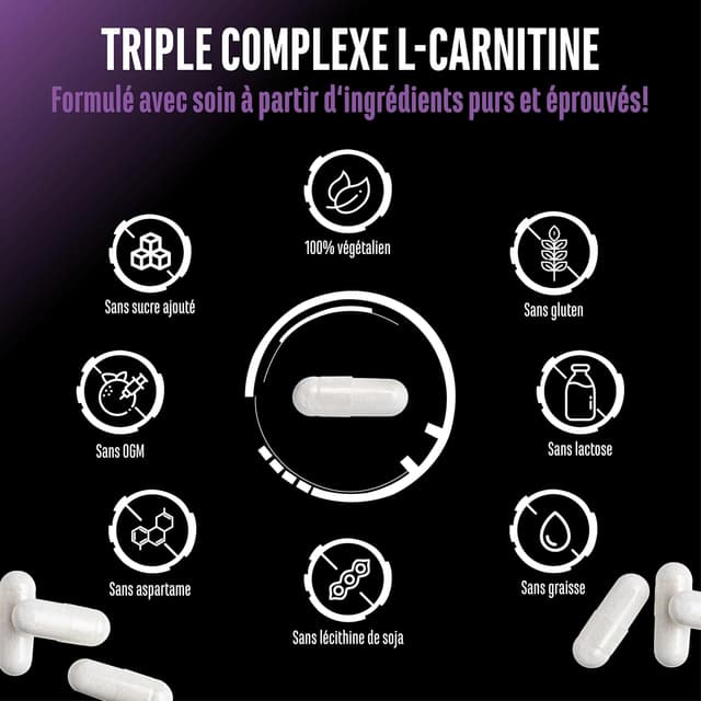 Detalle de L-Carnitine Triple Complexe German Elite Nutrition (3000 mg par portion) – 120 gélules véganes