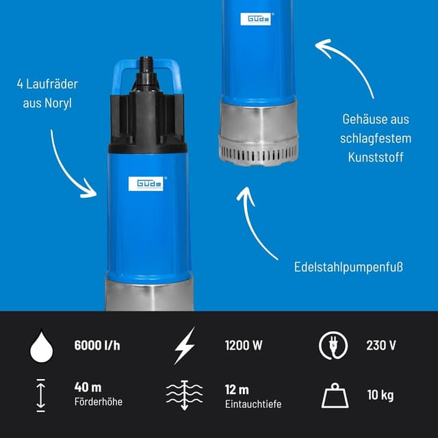 Detalle de Güde Pompe immergée sous pression GDT 1200 I – 1200 W, jusqu’à 6000 l/h, refoulement max. 40 m