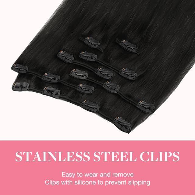 Detalle de GOO GOO Clip-in Echthaar Extensions (45 cm, 120 g, 7 Clips) – 1B Schwarz