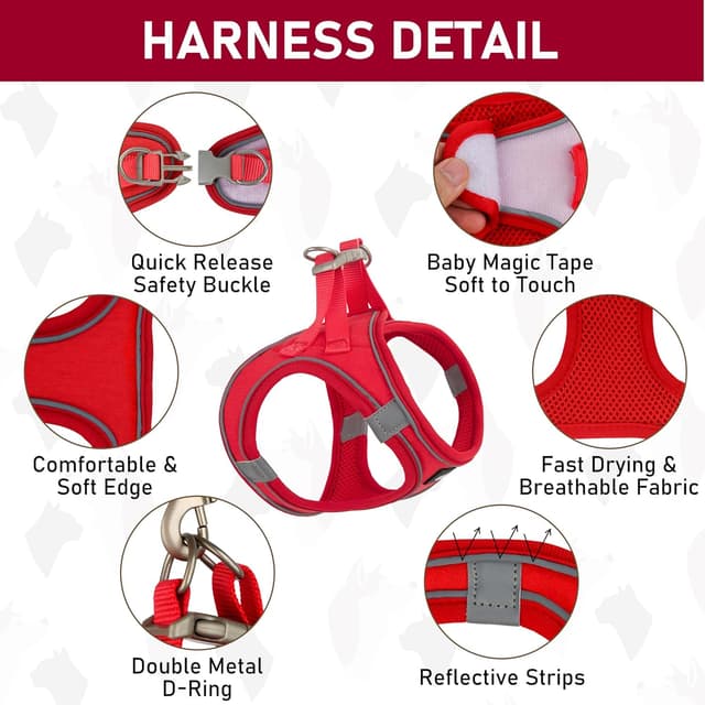 Detalle de GAMUDA Small Dog Harness Collar and Leash Set (Red, S) – step-in no-choke mesh vest with reflective trim