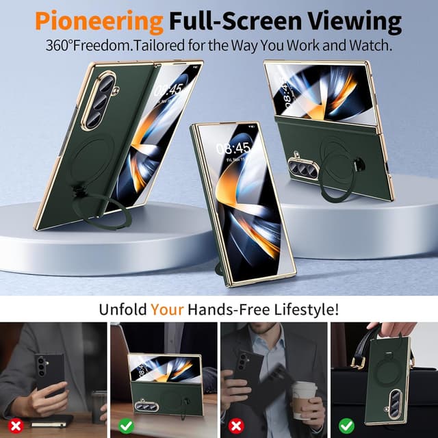 Detalle 2 de YOOVEI Magnetic Leather Case for Samsung Galaxy Z Fold 7 with Hinge Protection, Kickstand & Screen Protector (Green)