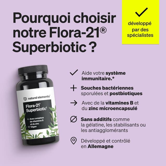 Detalle de Flora 21® Probiotique Flore Intestinale Probiotiques & postbiotiques en gélules gastro-résistantes