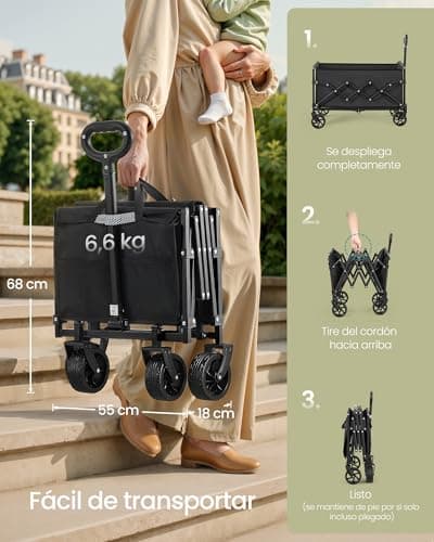 Detalle 2 de SONGMICS GFW150BH01 carro de mano plegable de jardín negro con 4 ruedas reforzadas (hasta 150 kg)