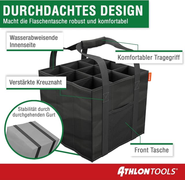 Detalle de ATHLON TOOLS Flaschenträger für 9 Flaschen – faltbare, wasserabweisende Einkaufstasche mit Trennwänden (schwarz)