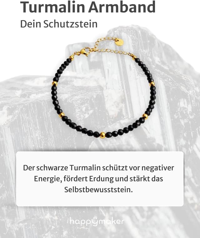Detalle 2 de happymaker Edelstein-Perlenarmband mit schwarzem Turmalin (925 Sterling Silber oder vergoldete Perlen) inkl. Verlängerungskette