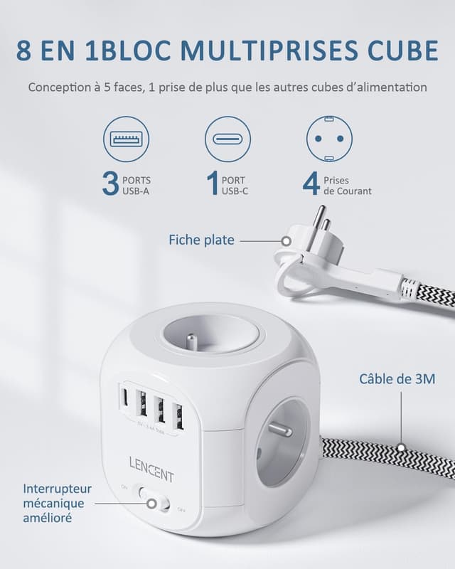 Thumbnail 1 de LENCENT Multiprise Cube 4 prises USB C