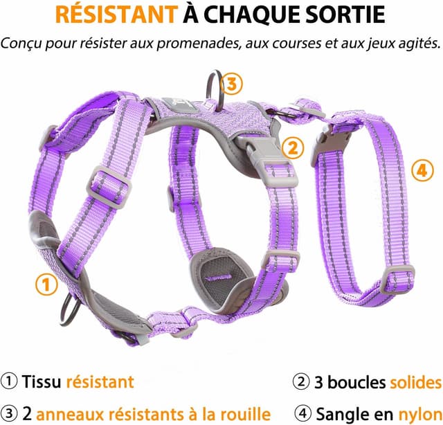 Detalle de Huntboo Harnais anti-fugue réfléchissant pour chien (lavande pourpre, S) – anti-traction réglable