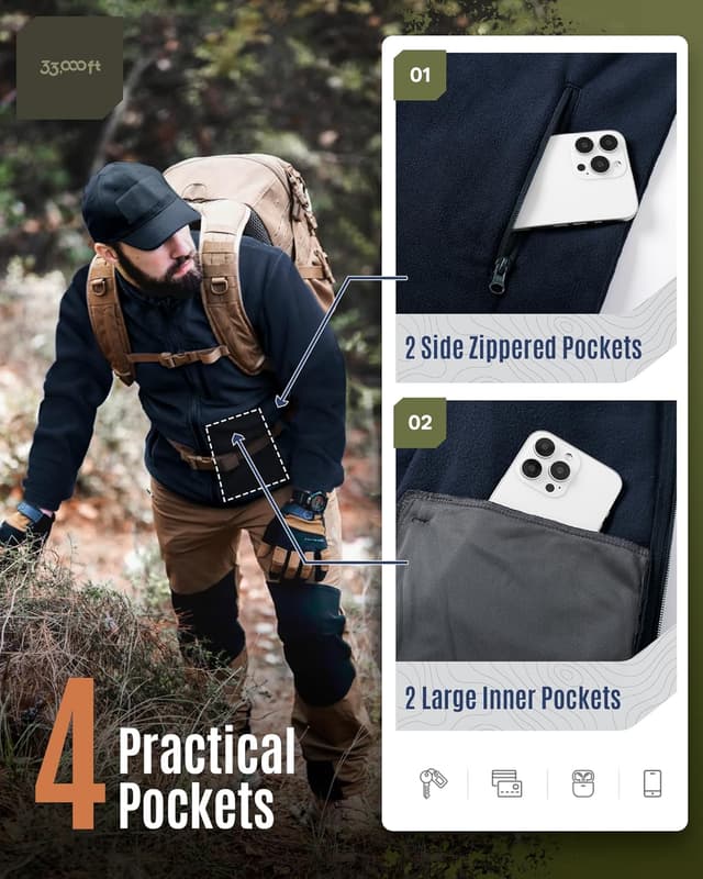 Detalle de 33,000ft Herren Fleecejacke leicht – Übergangsjacke Outdoor mit windschützenden Details