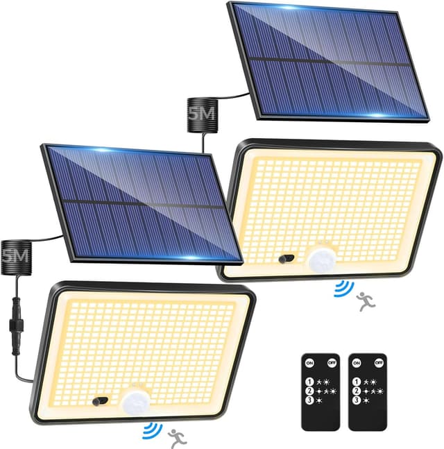 Detalle de LOTMOS 2er-Set Solarlampen für außen mit Bewegungsmelder, LED-Außenleuchte IP65 & 3 Modi inkl. Fernbedienung