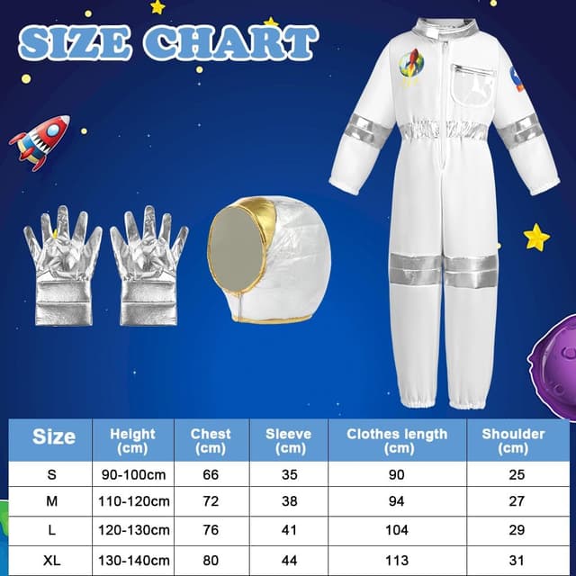 Detalle 2 de Aomig Astronaut Kostüm Kinder (3-teilig) in Weiß/Silber – Astronautenoverall mit Helm & Handschuhen, unisex für S–XL