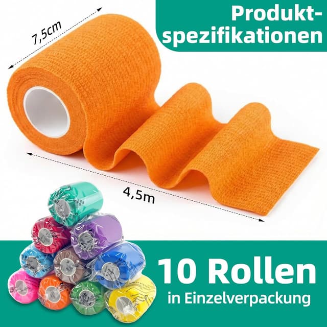Detalle de HONYAO selbstklebende Kohäsionsbinde – 10 Rollen, 7,5 cm × 4,5 m, elastisch für Erste Hilfe & Sport (10 Farben)