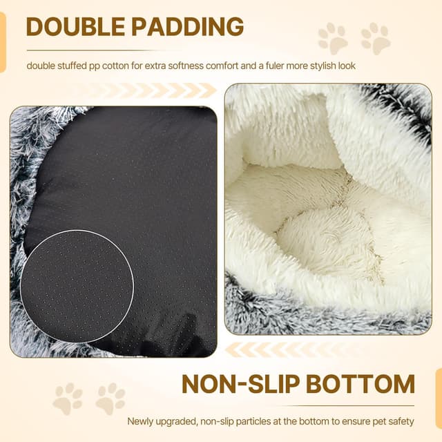 Detalle de YIGAARUI Calming Dog Bed (Large, 50cm inner cave) – fluffy plush cave bed for pets under 10kg