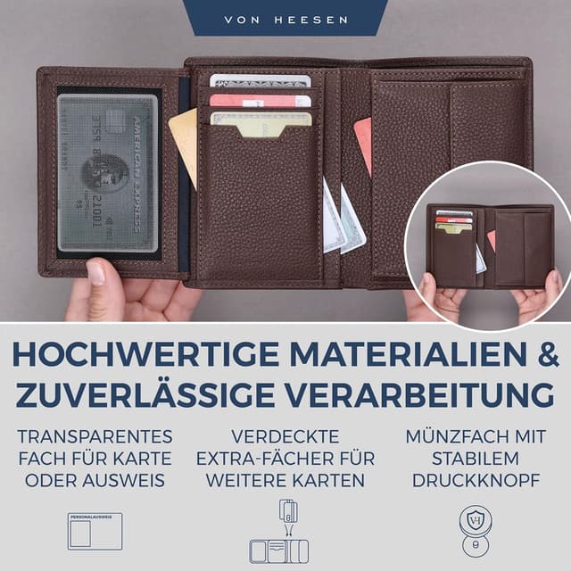 Detalle 2 de VON HEESEN Leder-Geldbörse mit RFID-Schutz (Braun) – Portemonnaie für Damen & Herren