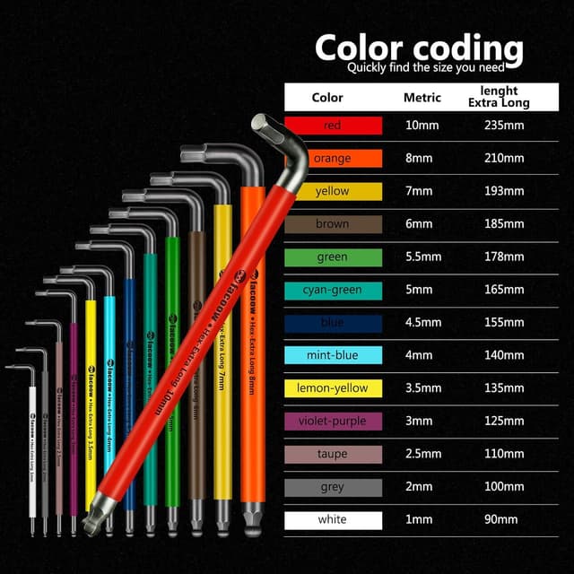 Thumbnail 5 de Facoow 13-teiliges Inbusschlüssel-Set metrisch (voller Größe) mit Kugelkopf und extra langem Arm