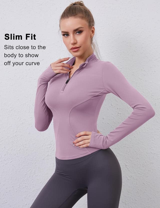 Detalle de Rapbin women’s long sleeve gym tops 1/4 zip with thumb holes (lightweight quick-dry slim fit)