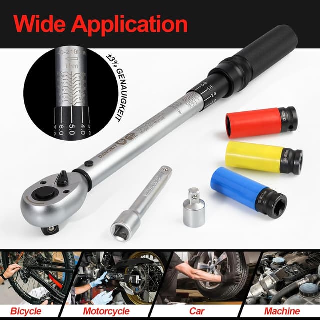 Detalle de DANGKIY Drehmomentschlüssel Auto & Motorrad (1/2 Zoll, 40–210 Nm) inkl. 125-mm Verlängerung, 3 Stecknüssen